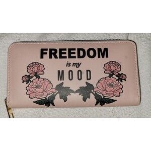 Pink Zip Around Wallet Faux Leather Card Slots Pockets Freedom is my Mood Floral